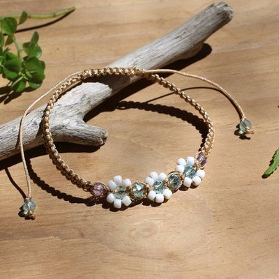 Alternate image for Gold-Accented Rose Quartz Rainbow Moonstone Macrame Bracelet Pink Candy