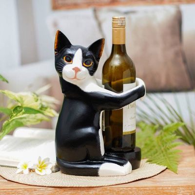 Primary image for Hand Carved Black and White Cat Figurine Wine Holder Kitty Clasp