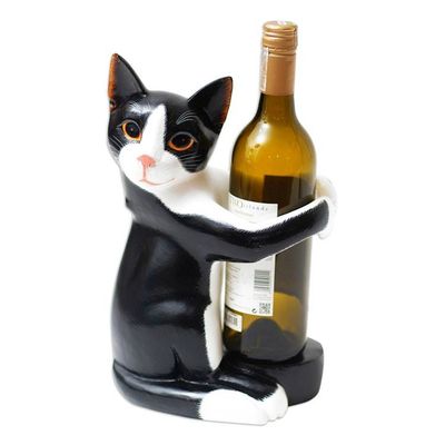 Alternate image for Hand Carved Black and White Cat Figurine Wine Holder Kitty Clasp