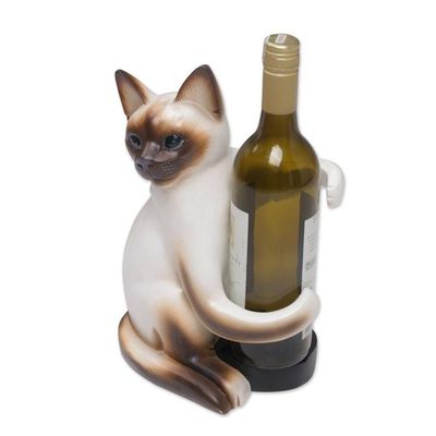 Alternate image for Handcrafted Wood Siamese Cat Wine Holder from Bali Siamese Cat Hug