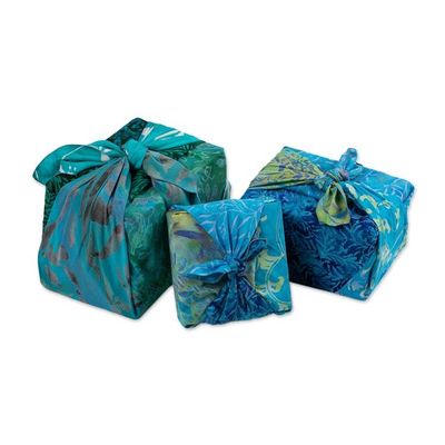 Primary image for Set of 3 Blue and Green Batik Furoshiki-Style Gift Wraps Oceanic Earth