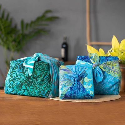Alternate image for Set of 3 Blue and Green Batik Furoshiki-Style Gift Wraps Oceanic Earth