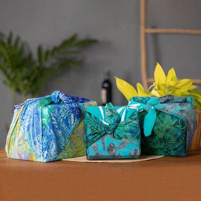 Alternate image for Set of 3 Blue and Green Batik Furoshiki-Style Gift Wraps Oceanic Earth