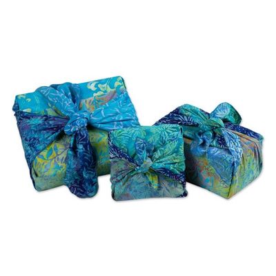 Alternate image for Set of 3 Blue and Green Batik Furoshiki-Style Gift Wraps Oceanic Earth