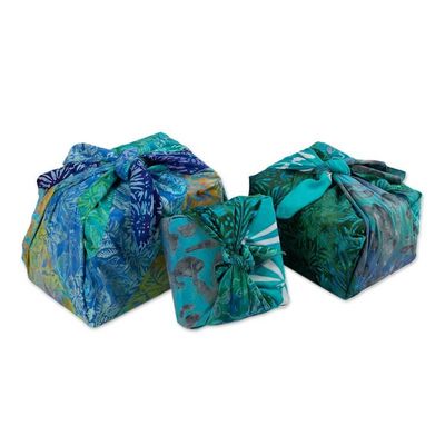 Alternate image for Set of 3 Blue and Green Batik Furoshiki-Style Gift Wraps Oceanic Earth