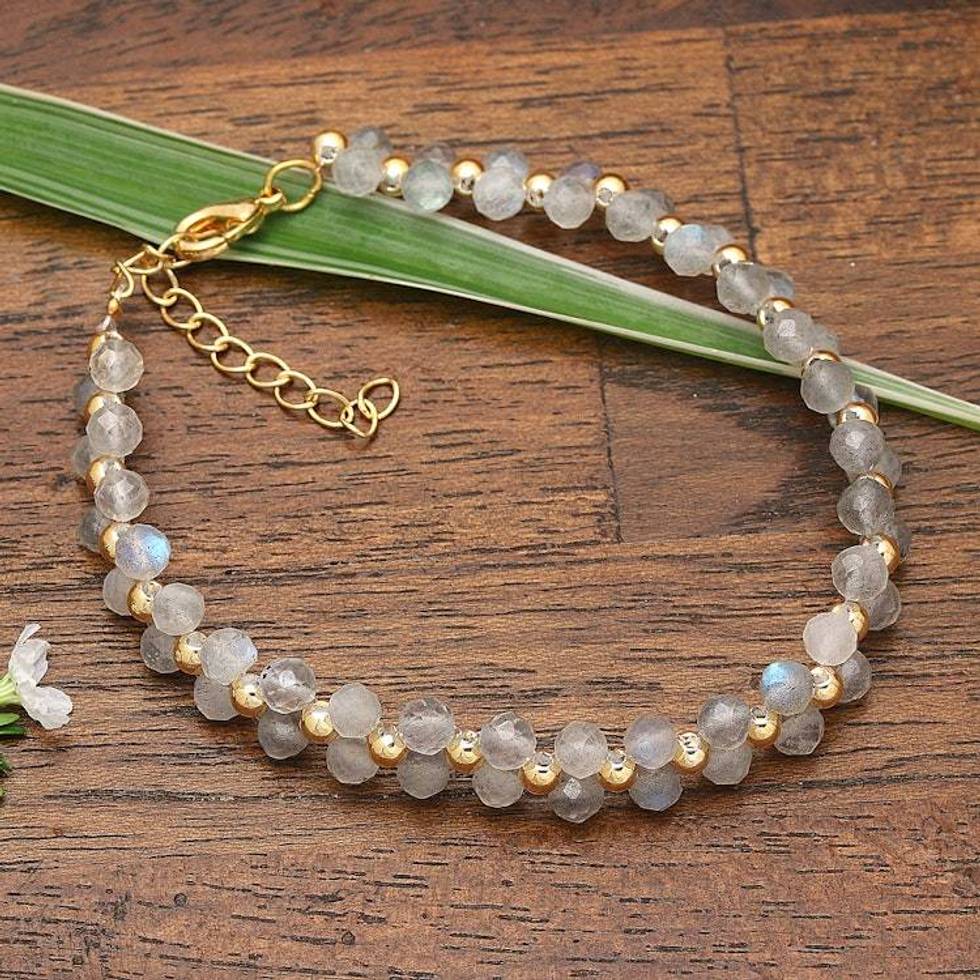 Gold-Accented Adjustable Rainbow Moonstone Beaded Bracelet 'Moon Splendor'