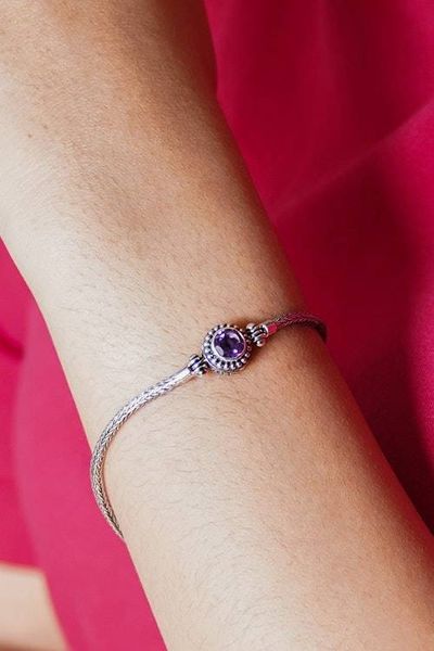 Alternate image for Silver Pendant Bracelet with Round Faceted Amethyst Stone Radiant in Purple