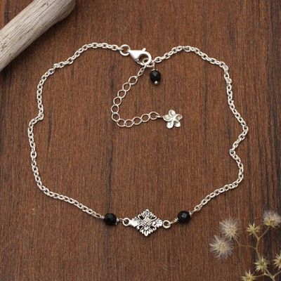 Alternate image for Floral-Themed Black Onyx Sterling Silver Pendant Anklet Black Balinese Plumeria
