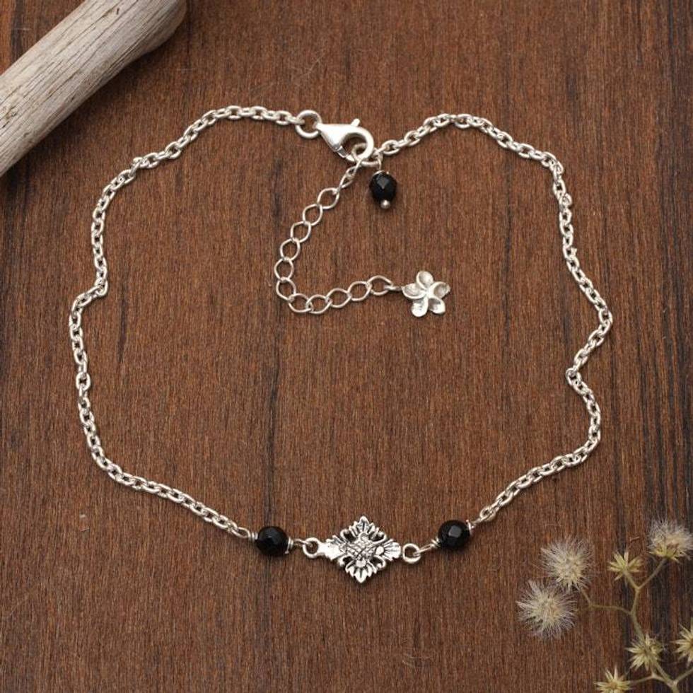 Floral-Themed Black Onyx Sterling Silver Pendant Anklet 'Black Balinese Plumeria'