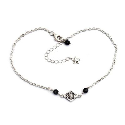 Alternate image for Floral-Themed Black Onyx Sterling Silver Pendant Anklet Black Balinese Plumeria
