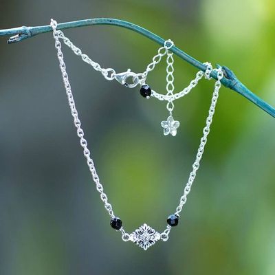 Alternate image for Floral-Themed Black Onyx Sterling Silver Pendant Anklet Black Balinese Plumeria