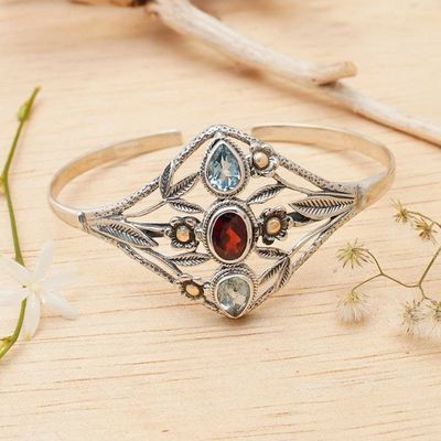 Primary image for Floral 18k Gold-Accented Blue Topaz and Garnet Cuff Bracelet Garden Romance