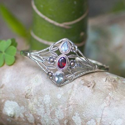 Alternate image for Floral 18k Gold-Accented Blue Topaz and Garnet Cuff Bracelet Garden Romance