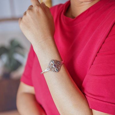 Alternate image for Floral 18k Gold-Accented Blue Topaz and Garnet Cuff Bracelet Garden Romance