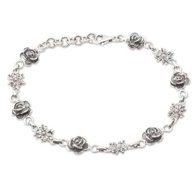 Primary image for Sterling Silver Link Bracelet with Roses and Blooms Passion Garden