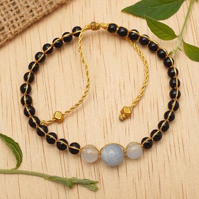 Alternate image for Balinese-Crafted Golden Onyx and Aquamarine Beaded Bracelet Peace in Darkness