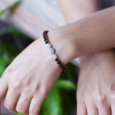 Alternate image for Balinese-Crafted Golden Onyx and Aquamarine Beaded Bracelet Peace in Darkness