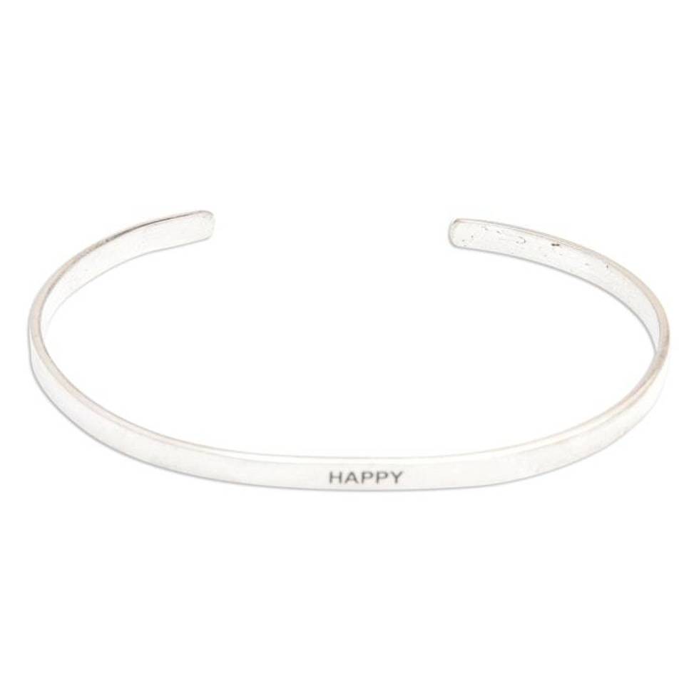 Polished Minimalist Sterling Silver Happy Cuff Bracelet 'Your Happiness'