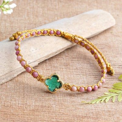 Alternate image for Natural Rhodonite Beaded Bracelet with Green Flower Pendant Flower of Emotion