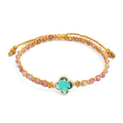 Alternate image for Natural Rhodonite Beaded Bracelet with Green Flower Pendant Flower of Emotion