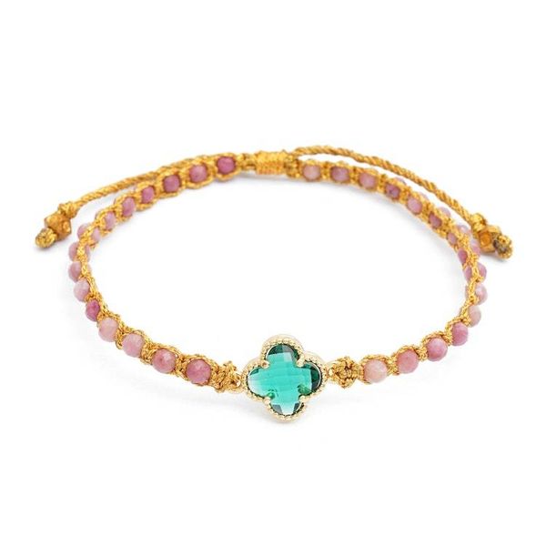 Alternate image for Natural Rhodonite Beaded Bracelet with Green Flower Pendant Flower of Emotion