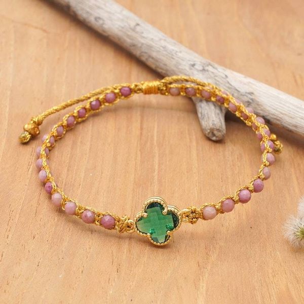 Alternate image for Natural Rhodonite Beaded Bracelet with Green Flower Pendant Flower of Emotion