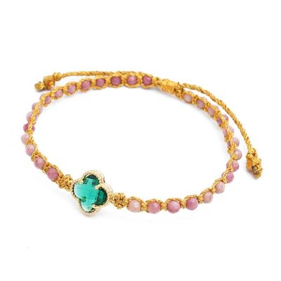 Alternate image for Natural Rhodonite Beaded Bracelet with Green Flower Pendant Flower of Emotion