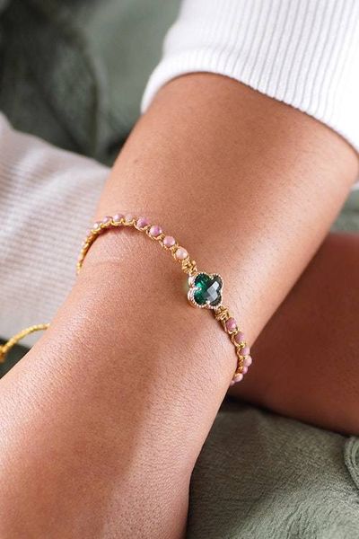 Alternate image for Natural Rhodonite Beaded Bracelet with Green Flower Pendant Flower of Emotion