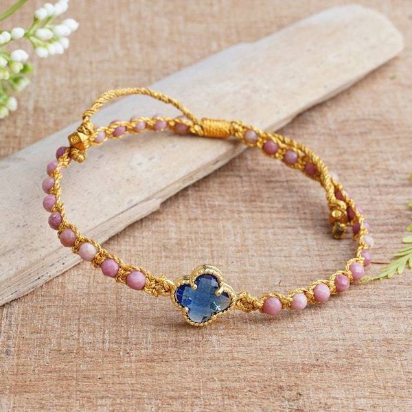 Alternate image for Rhodonite Beaded Bracelet with Blue Flower Pendant from Bali Flower of Compassion