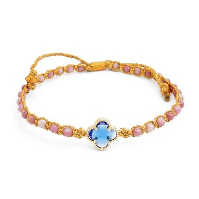 Alternate image for Rhodonite Beaded Bracelet with Blue Flower Pendant from Bali Flower of Compassion
