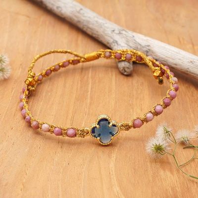 Alternate image for Rhodonite Beaded Bracelet with Blue Flower Pendant from Bali Flower of Compassion