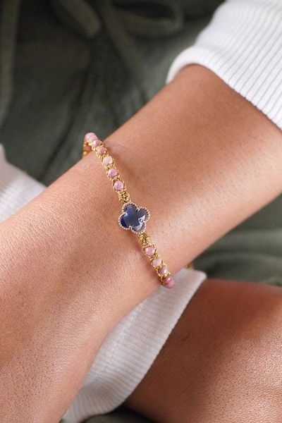 Alternate image for Rhodonite Beaded Bracelet with Blue Flower Pendant from Bali Flower of Compassion