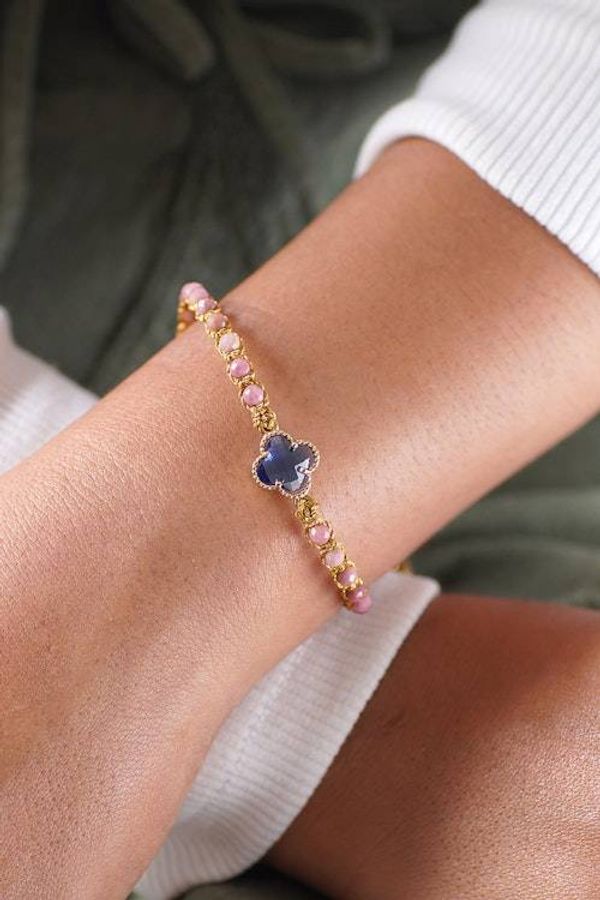 Alternate image for Rhodonite Beaded Bracelet with Blue Flower Pendant from Bali Flower of Compassion