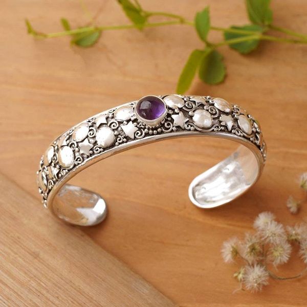 Alternate image for Balinese-Made Star and Moon-Themed Amethyst Cuff Bracelet Wise Night