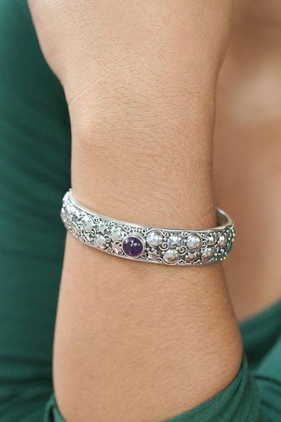 Alternate image for Balinese-Made Star and Moon-Themed Amethyst Cuff Bracelet Wise Night