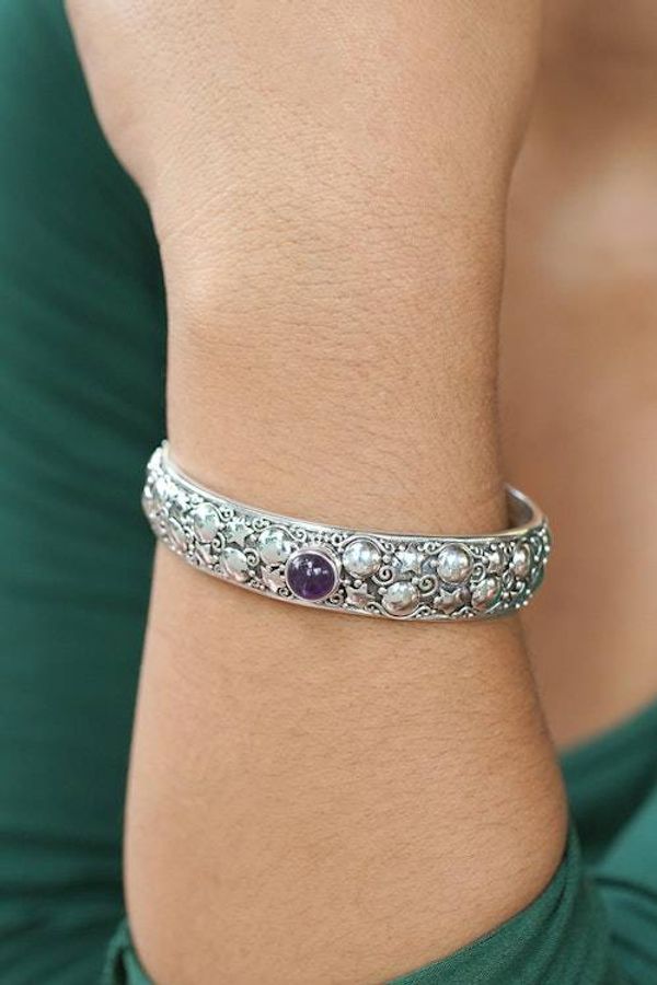 Alternate image for Balinese-Made Star and Moon-Themed Amethyst Cuff Bracelet Wise Night
