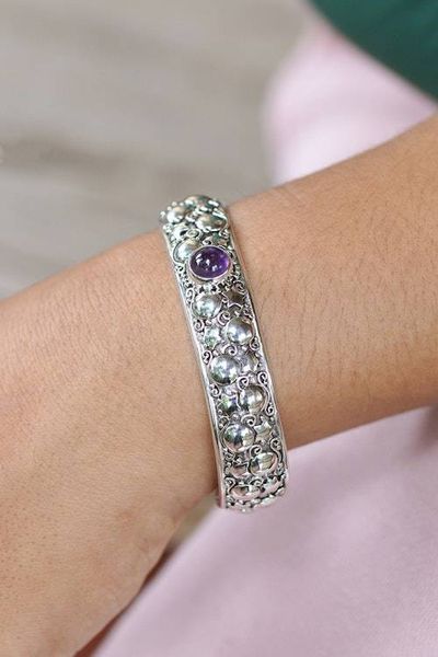 Alternate image for Balinese-Made Star and Moon-Themed Amethyst Cuff Bracelet Wise Night