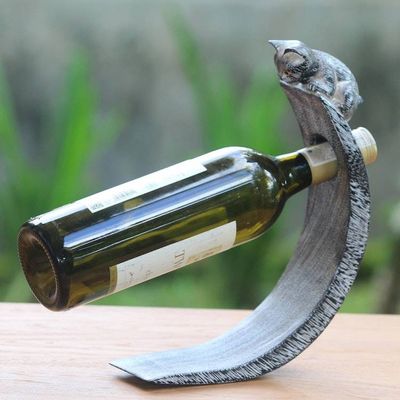 Primary image for Handcrafted Suar Wood Cat Bottle Holder in Black and White Peeking Kitten