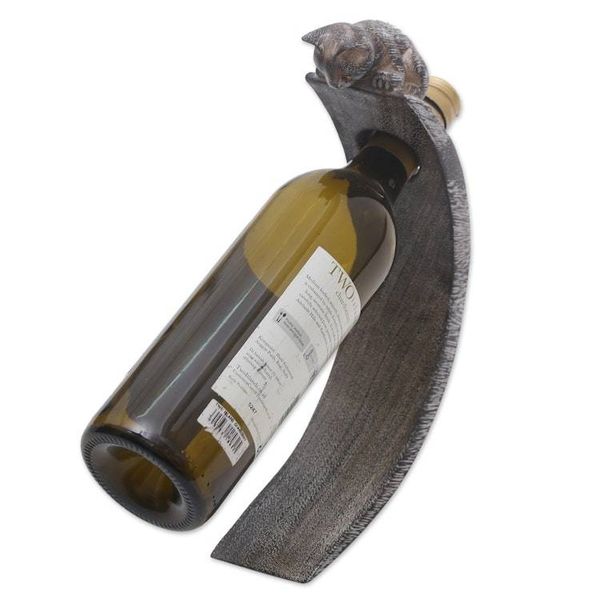 Alternate image for Handcrafted Suar Wood Cat Bottle Holder in Black and White Peeking Kitten