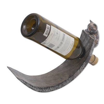 Alternate image for Handcrafted Suar Wood Cat Bottle Holder in Black and White Peeking Kitten