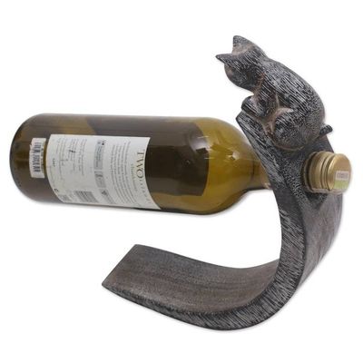 Alternate image for Handcrafted Suar Wood Cat Bottle Holder in Black and White Peeking Kitten