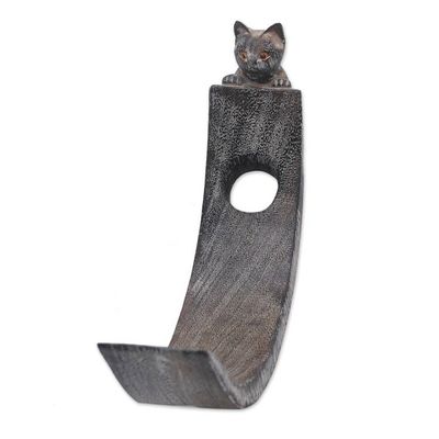 Alternate image for Handcrafted Suar Wood Cat Bottle Holder in Black and White Peeking Kitten
