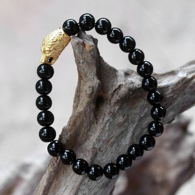 Primary image for Gold Accented Bear-Themed Onyx Beaded Stretch Bracelet Bears Strength