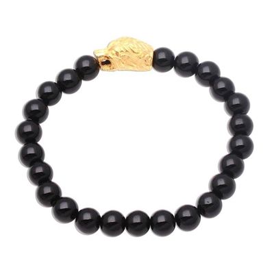 Alternate image for Gold Accented Bear-Themed Onyx Beaded Stretch Bracelet Bears Strength