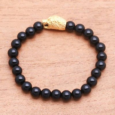 Alternate image for Gold Accented Bear-Themed Onyx Beaded Stretch Bracelet Bears Strength