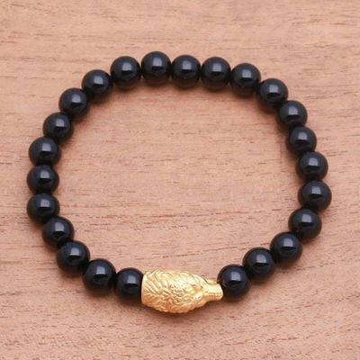 Alternate image for Gold Accented Bear-Themed Onyx Beaded Stretch Bracelet Bears Strength