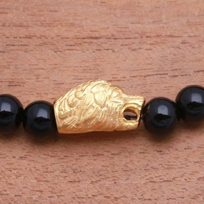 Alternate image for Gold Accented Bear-Themed Onyx Beaded Stretch Bracelet Bears Strength