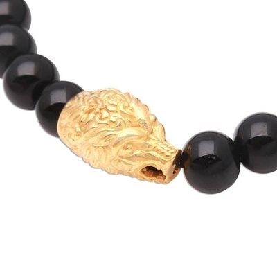 Alternate image for Gold Accented Bear-Themed Onyx Beaded Stretch Bracelet Bears Strength
