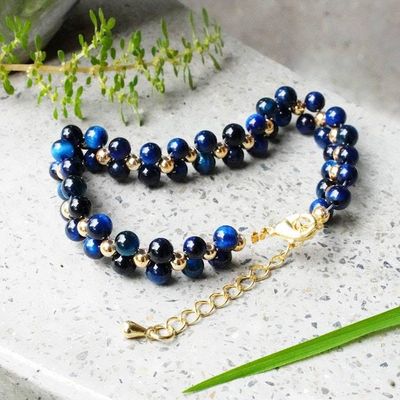 Alternate image for Polished 18k Gold-Accented Blue Tigers Eye Beaded Bracelet Night Splendor