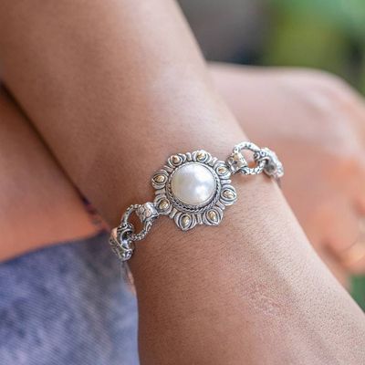Alternate image for 18k Gold-Accented White Cultured Mabe Pearl Pendant Bracelet White Sunflower